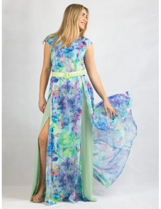Long cross-over dress with two slits and lilac flower pattern