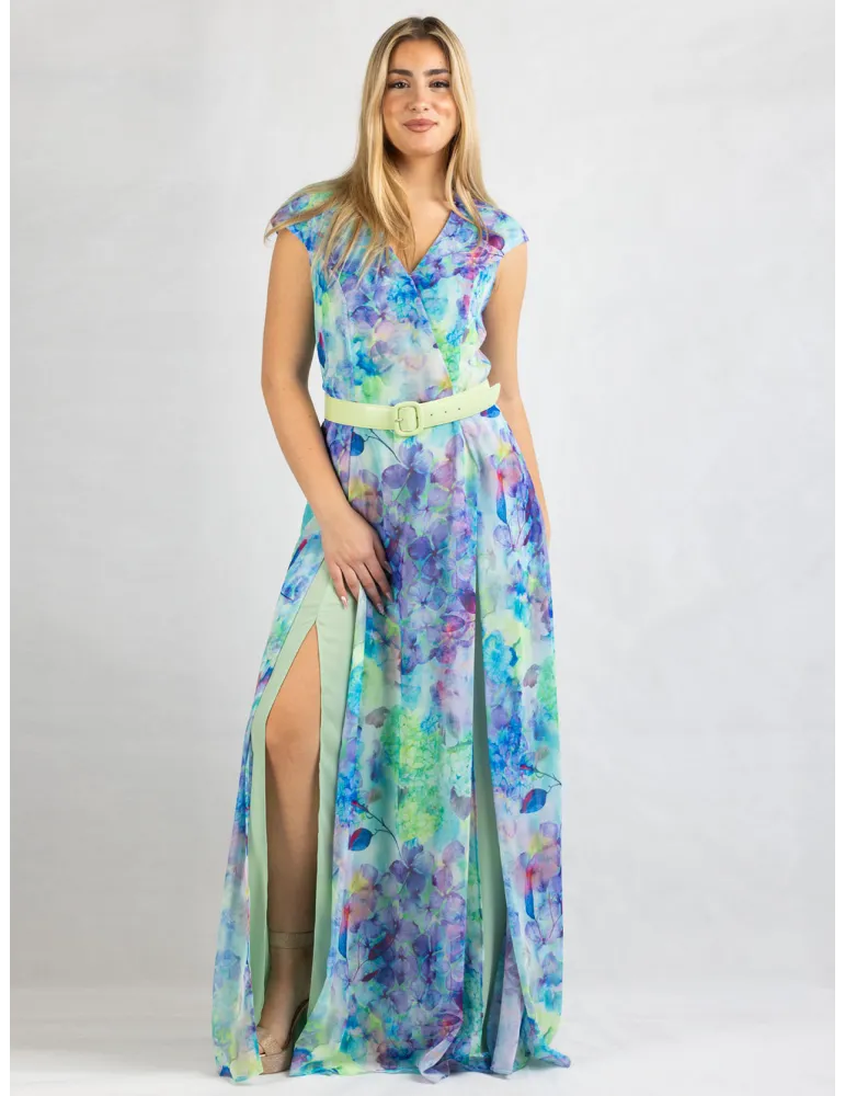 Long cross-over dress with two slits and lilac flower pattern Long cross-over dress with two slits and lilac flower pattern