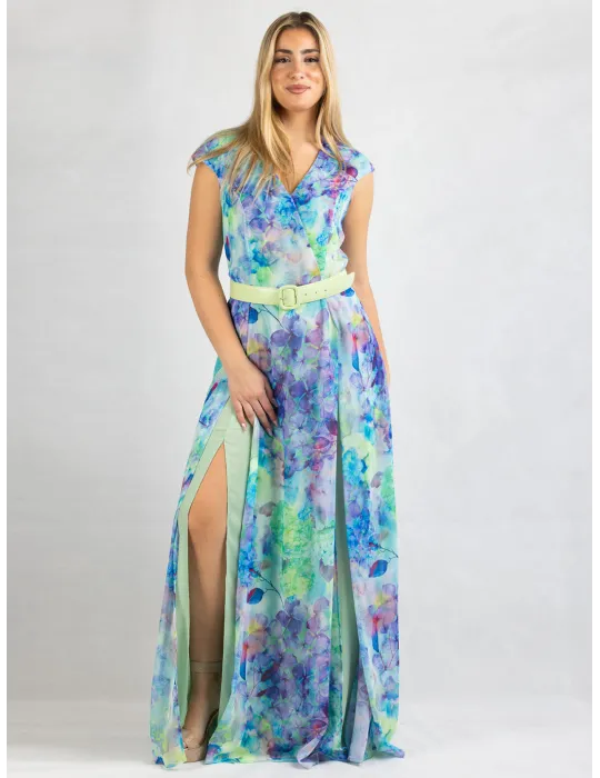 Long cross-over dress with two slits and lilac flower pattern Long cross-over dress with two slits and lilac flower pattern