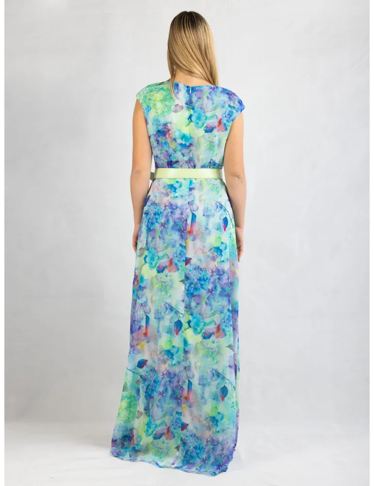 Long cross-over dress with two slits and lilac flower pattern