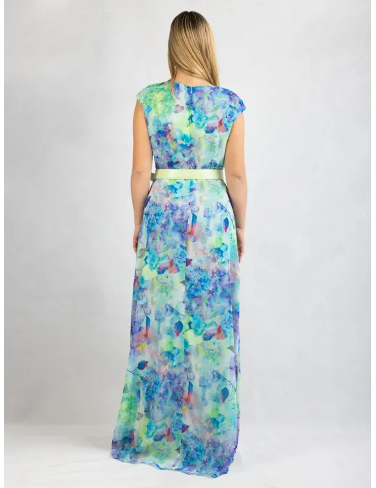 Long cross-over dress with two slits and lilac flower pattern