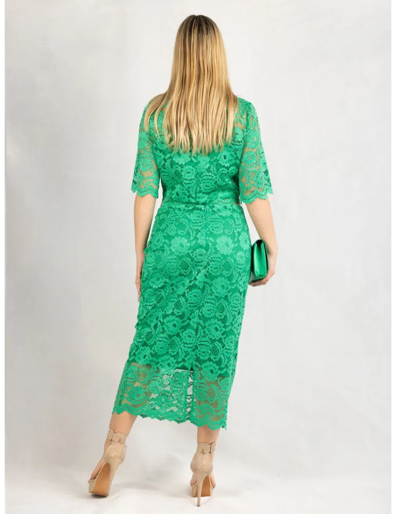 Casting green lace blouse and midi skirt two pieces set