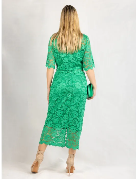 Casting green lace blouse and midi skirt two pieces set