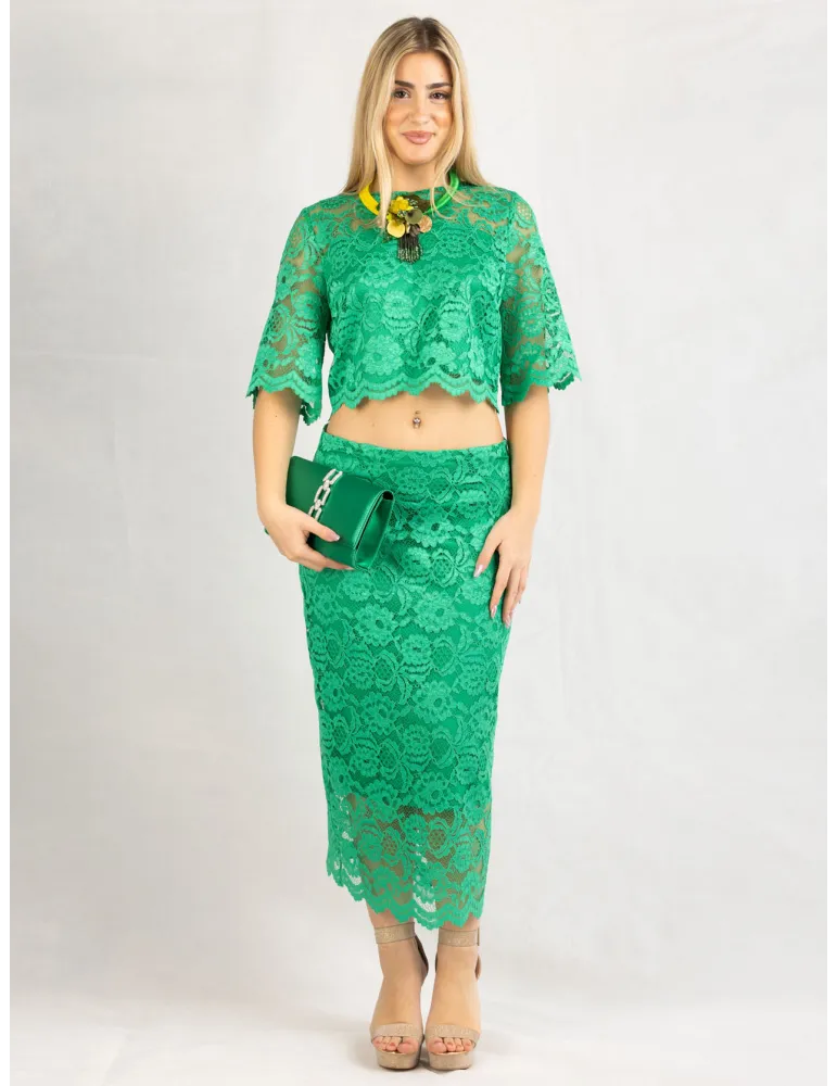Casting green lace blouse and midi skirt two pieces set