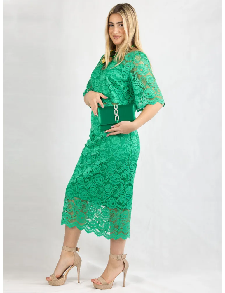 Casting green lace blouse and midi skirt two pieces set