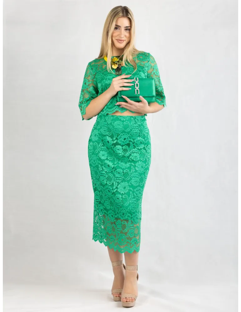 Casting green lace blouse and midi skirt two pieces set Casting green lace blouse and midi skirt two pieces set