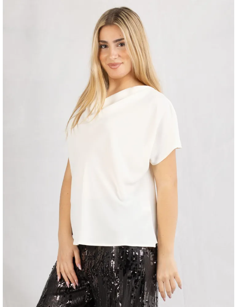 Plus size plain milky white silk satin blouse shirt | Rubamori Milano