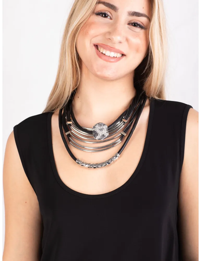 Armònia Bijoux | Collana corta multi filo in acciaio e pelle nera