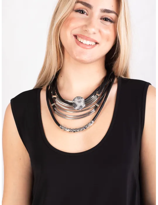 Armònia Bijoux | Collana corta multi filo in acciaio e pelle nera