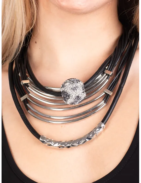 Armònia Bijoux | Collana corta multi filo in acciaio e pelle nera