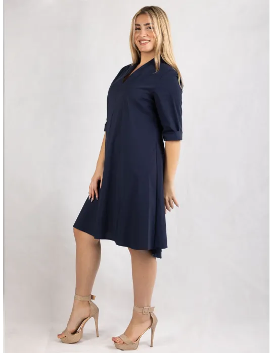 Rubamori Milano Dark blue A-line cotton dress front pleat