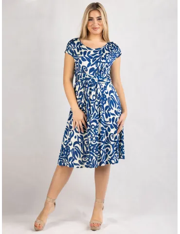 White and blue ruffled viscose silk summer dress