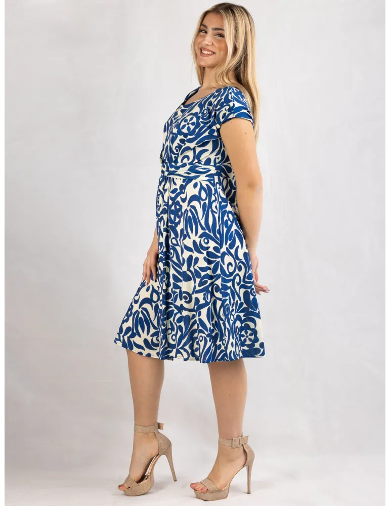 White and blue ruffled viscose silk summer dress
