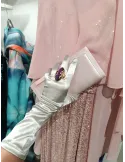 Guanti eleganti di raso grigio perla argento da sera o cerimonia 35 cm