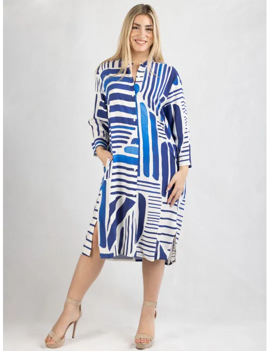 Zanetti White and royal blue batik silk tunic open dress Zanetti White and royal blue batik silk tunic open dress