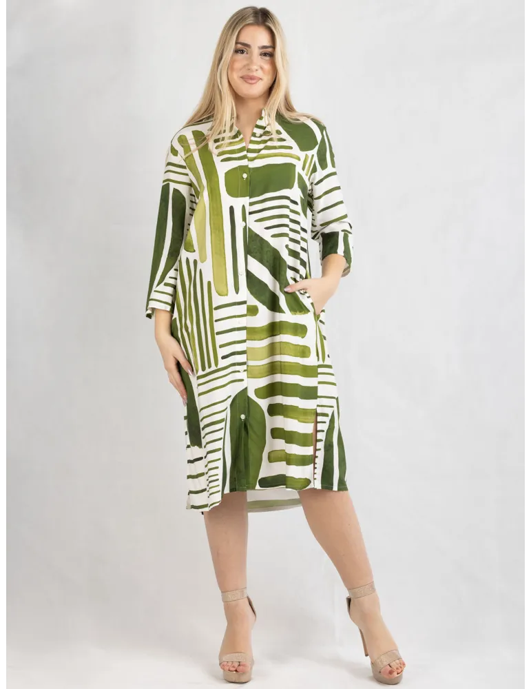 Zanetti Italy | White and green natural silk tunic open summer dress