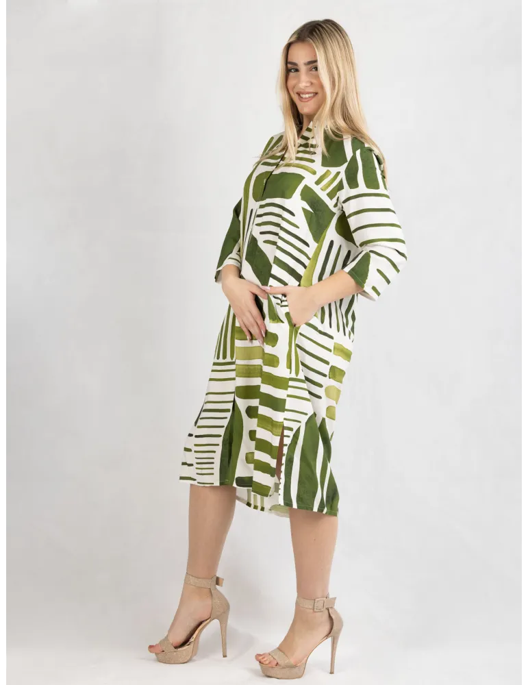 Zanetti Italy | White and green natural silk tunic open summer dress
