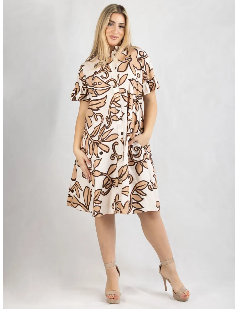 Zanetti Italy | Beige batik printed cotton open front trapeze dress Zanetti Italy | Beige batik printed cotton open front trapeze dress