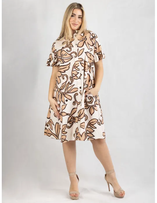Zanetti Italy | Beige batik printed cotton open front trapeze dress Zanetti Italy | Beige batik printed cotton open front trapeze dress