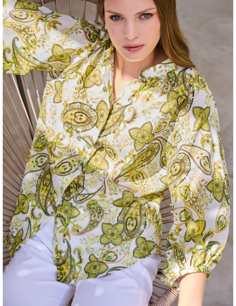 Zanetti Italy | White and green cashmere printed cotton shirt