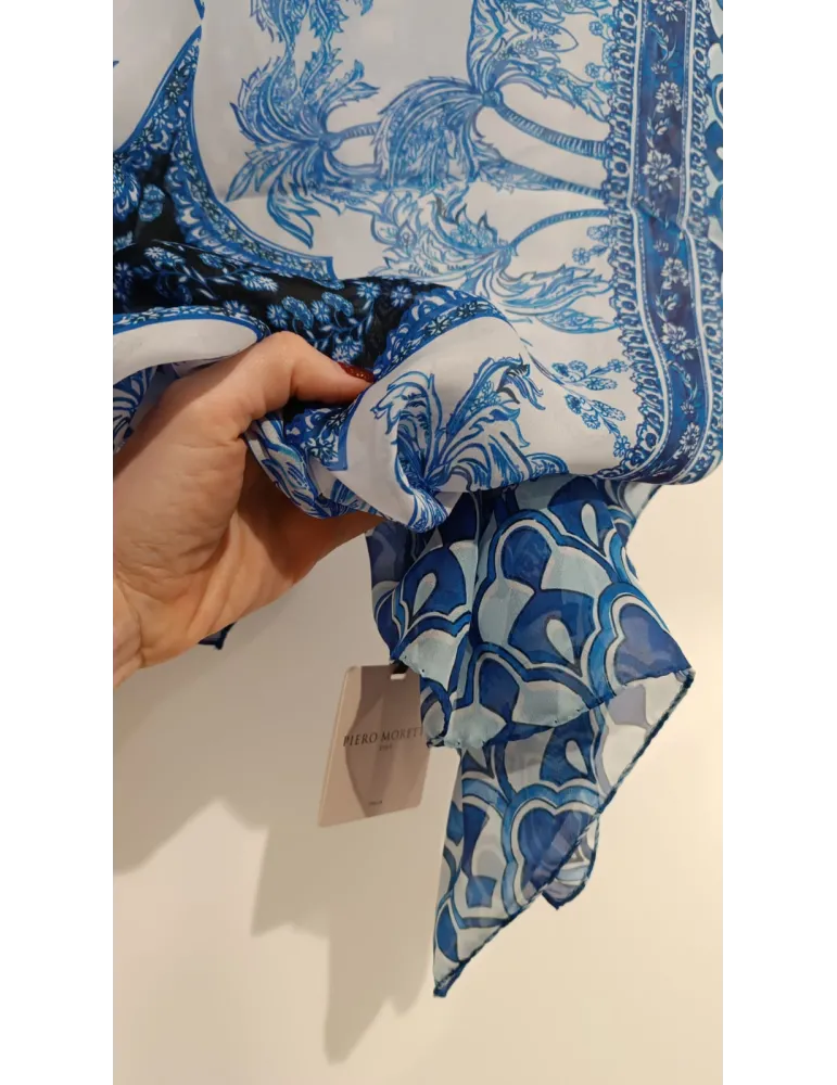 White and blue pure silk Arabic miniatures printed scarf