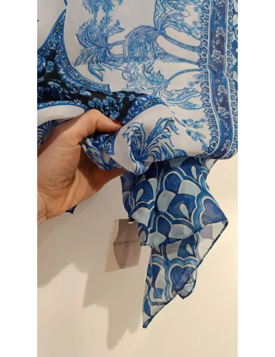 Sciarpa pura seta bianca e azzurra fantasia Medina | Piero Moretti