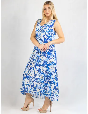 Ärmelloses A-Linien-Kleid Viskose mit Batikdruck in Weiß Königsblau 2