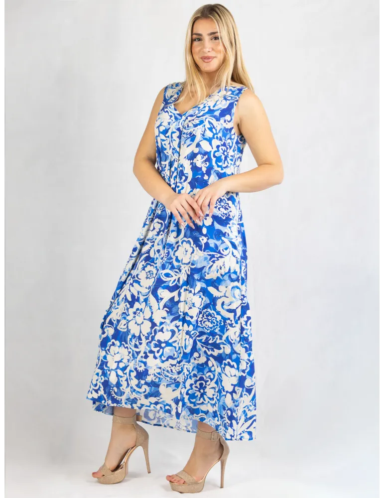 Abito canotta lungo a trapezio fantasia batik azzurra | Zanetti 1965