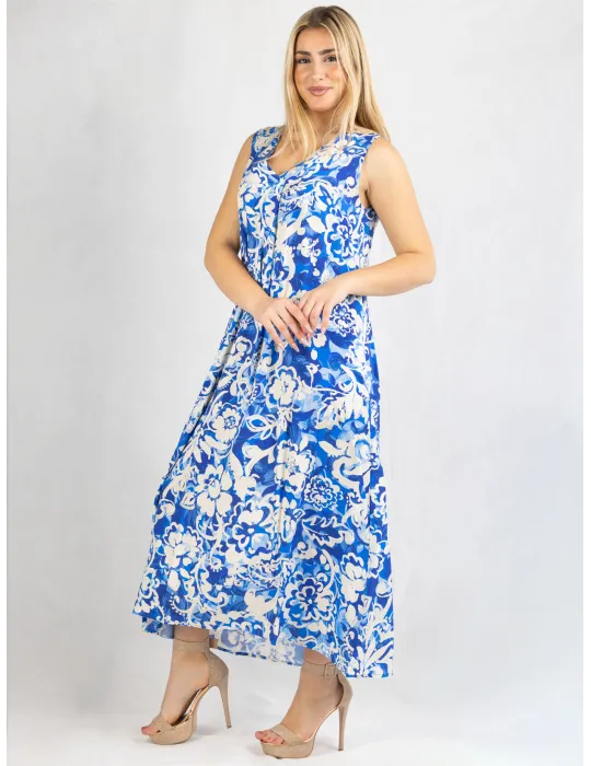 Ärmelloses A-Linien-Kleid Viskose mit Batikdruck in Weiß Königsblau