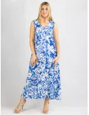 White and royal blue batik printed viscose sleveless A-dress