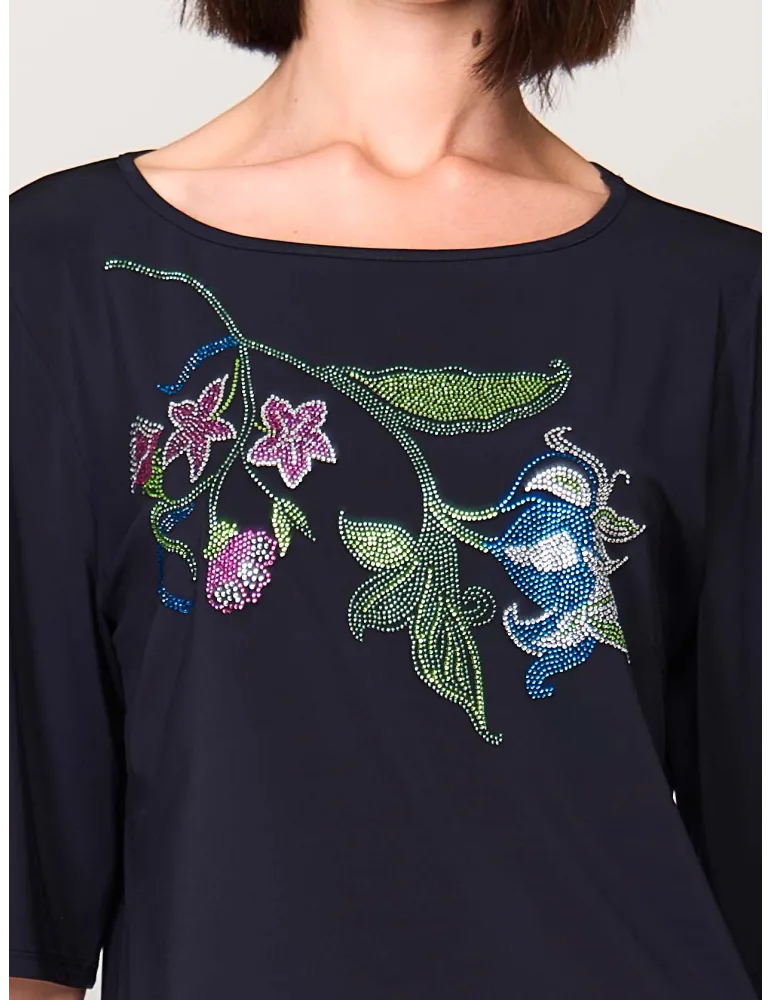 Mercuriali dark blue A-line long blouse shirt with Swarovski crystals