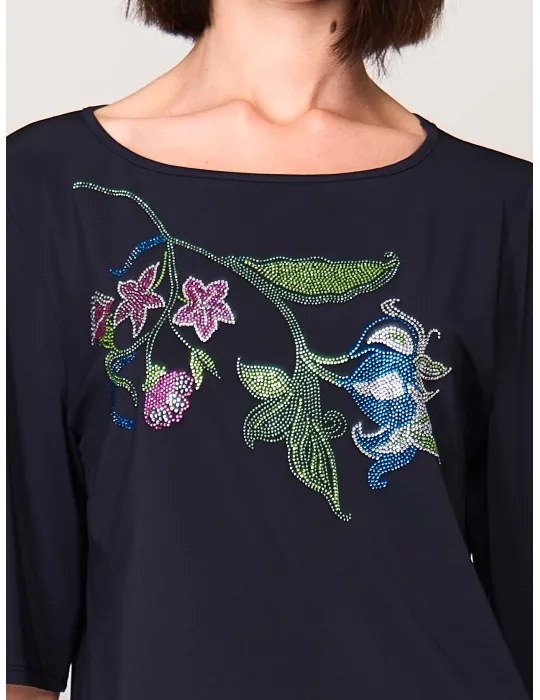 Mercuriali dark blue A-line long blouse shirt with Swarovski crystals