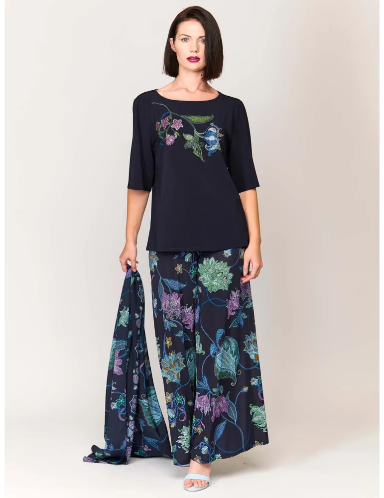 Francesca Mercuriali dark blue flowers print wide trousers