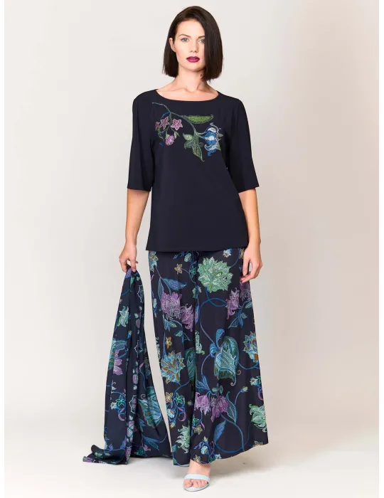 Francesca Mercuriali dark blue flowers print wide trousers plus size