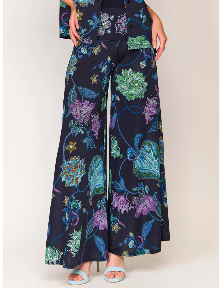 Francesca Mercuriali dark blue flowers print wide trousers plus size Francesca Mercuriali dark blue flowers print wide trousers plus size