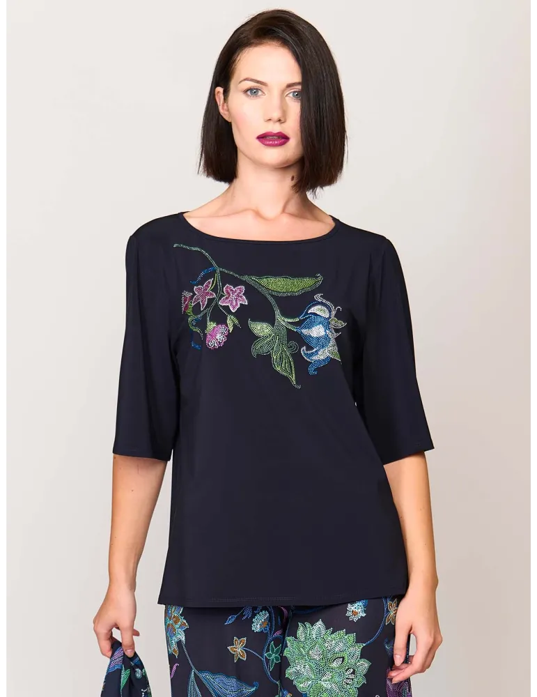 Mercuriali dark blue A-line long blouse shirt with Swarovski crystals Mercuriali dark blue A-line long blouse shirt with Swarovski crystals