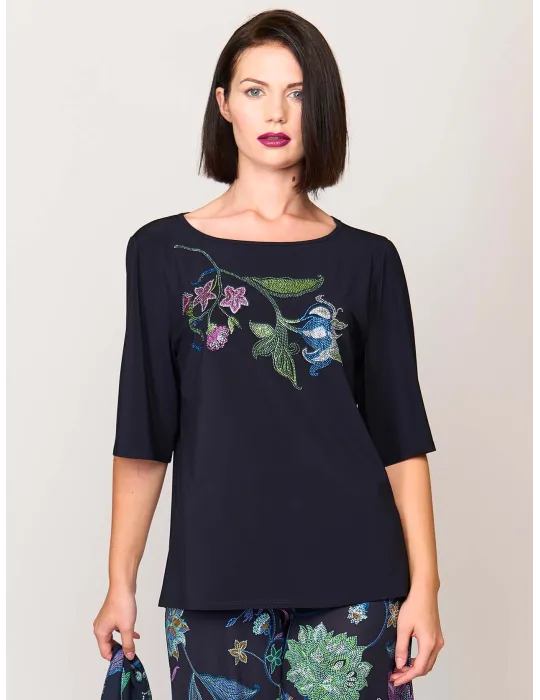 Mercuriali dark blue A-line long blouse shirt with Swarovski crystals Mercuriali dark blue A-line long blouse shirt with Swarovski crystals