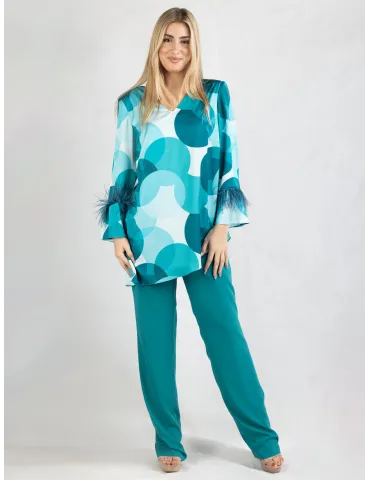 Water green silk two piece formal pants suit with feathers 2