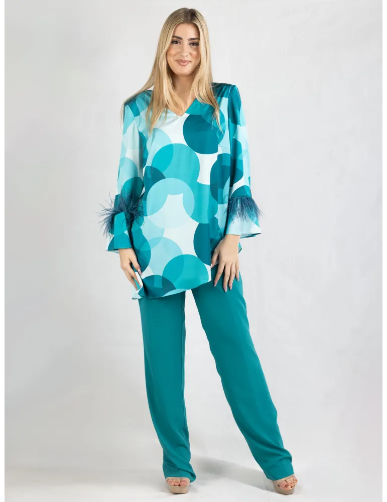 Water green silk two piece formal pants suit with feathers