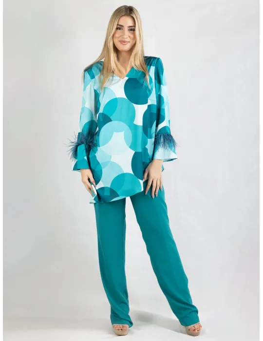 Water green silk two piece formal pants suit with feathers