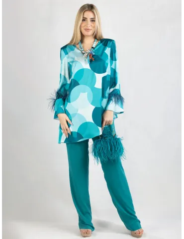 Water green silk two piece formal pants suit with feathers