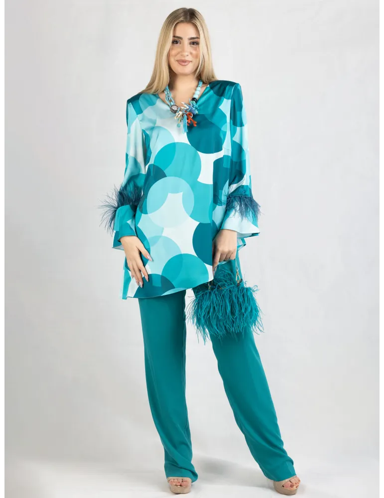 Water green silk two piece formal pants suit with feathers Water green silk two piece formal pants suit with feathers