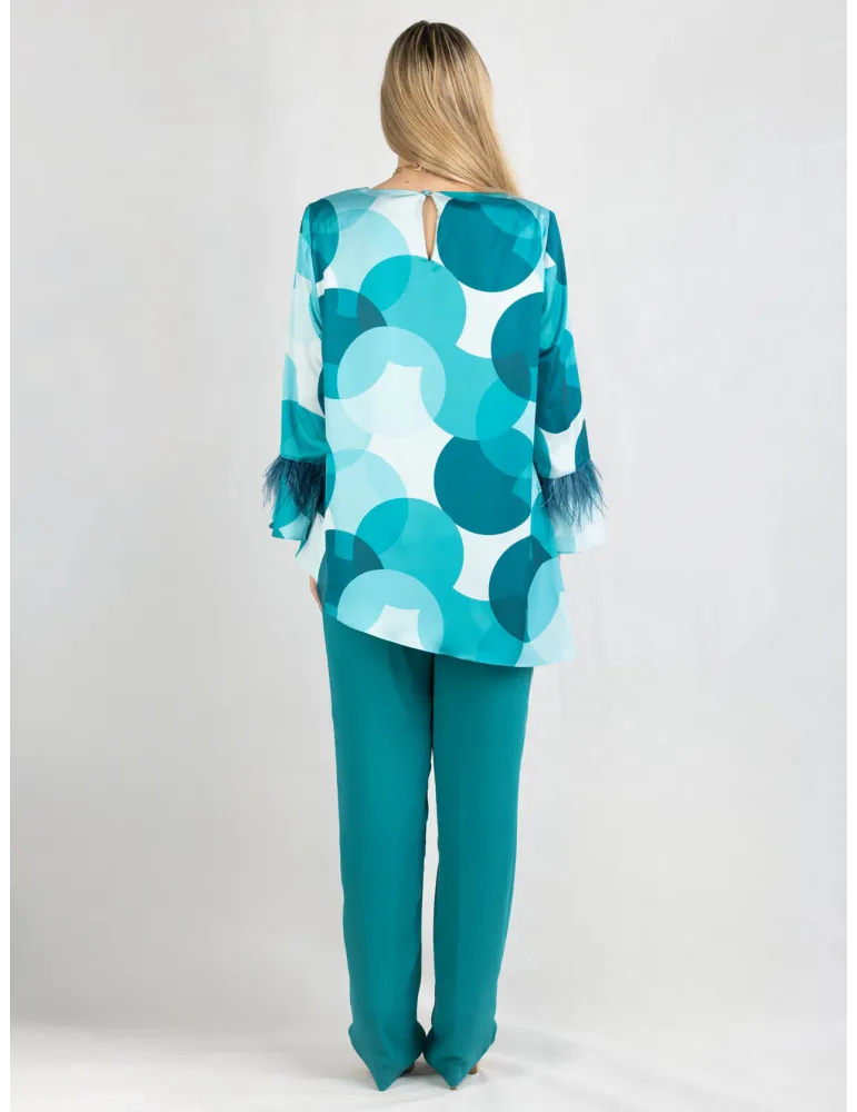 Water green silk two piece formal pants suit with feathers