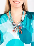 Turquoise stones and pearls silk necklace