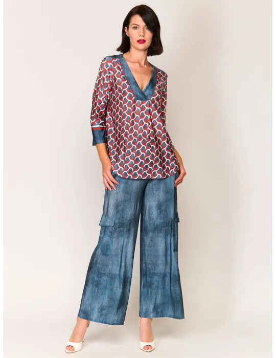 Mercuriali demin blue printed viscose pull-on palazzo cargo trousers