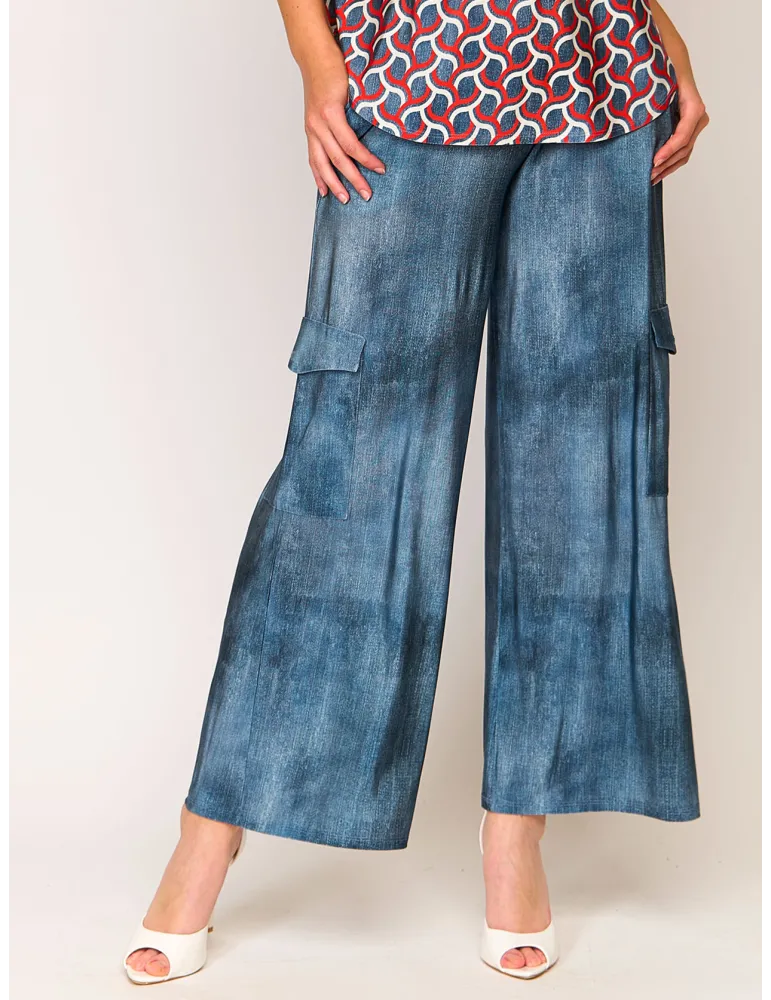 F. Mercuriali demin blue printed pull-on palazzo trousers F. Mercuriali demin blue printed pull-on palazzo trousers