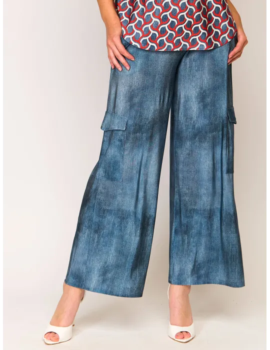 Mercuriali demin blue printed viscose pull-on palazzo cargo trousers Mercuriali demin blue printed viscose pull-on palazzo cargo trousers