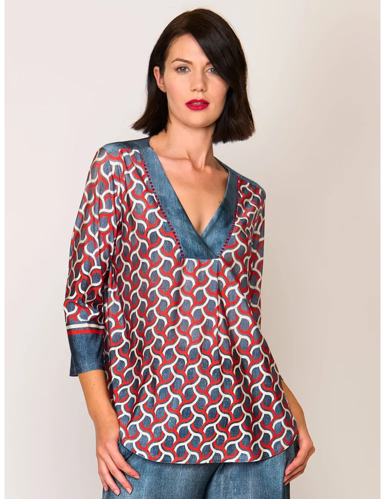 Blusa caftano a trapezio jeans e strass Francesca Mercuriali Blusa caftano a trapezio jeans e strass Francesca Mercuriali