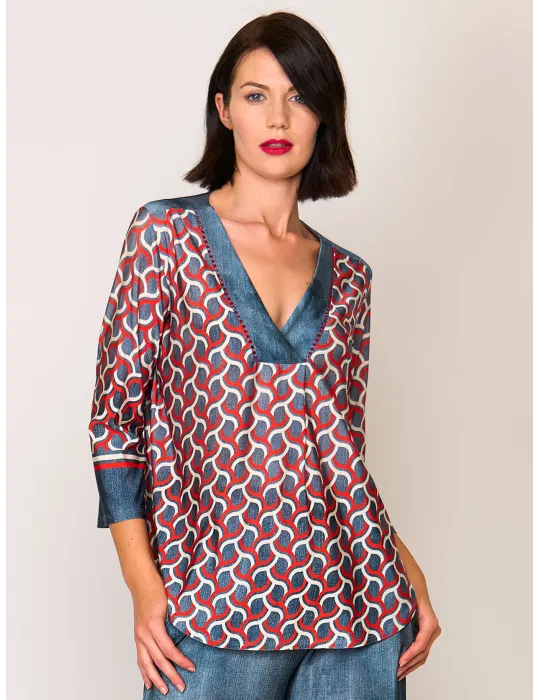 Blusa caftano a trapezio jeans e strass Francesca Mercuriali Blusa caftano a trapezio jeans e strass Francesca Mercuriali