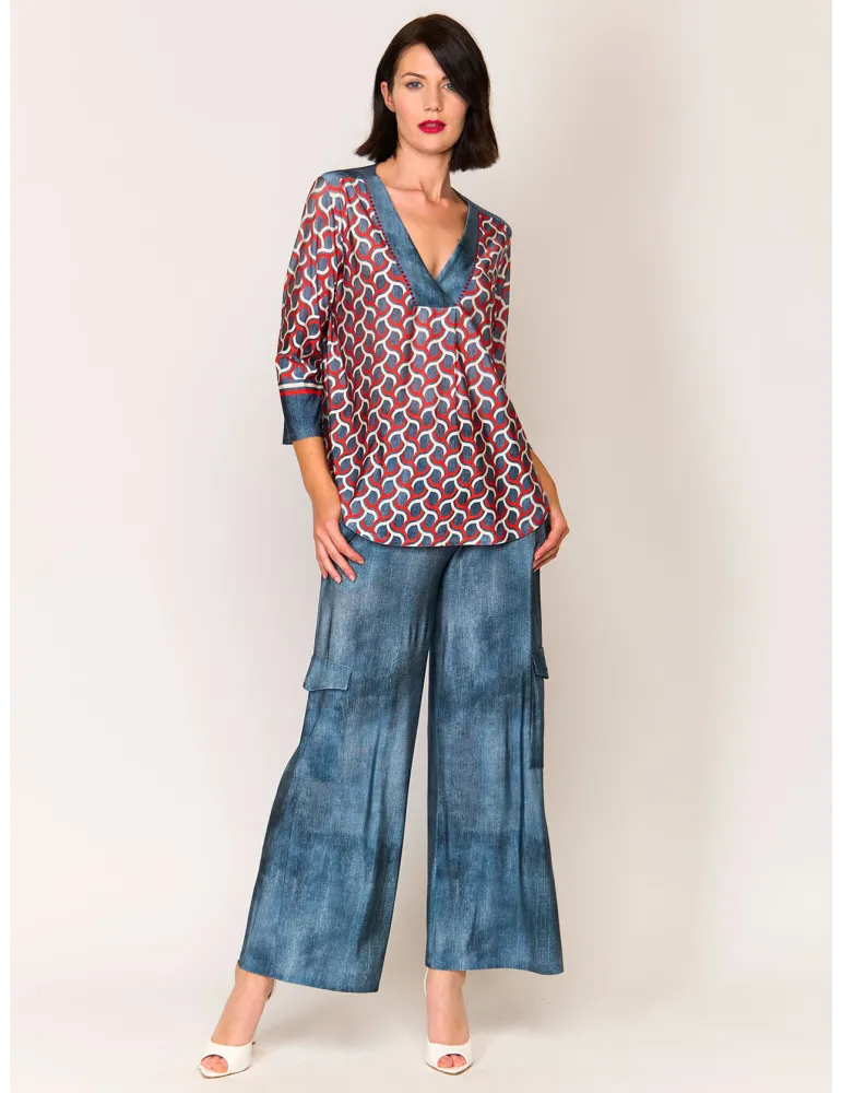 Blusa caftano a trapezio jeans e strass Francesca Mercuriali